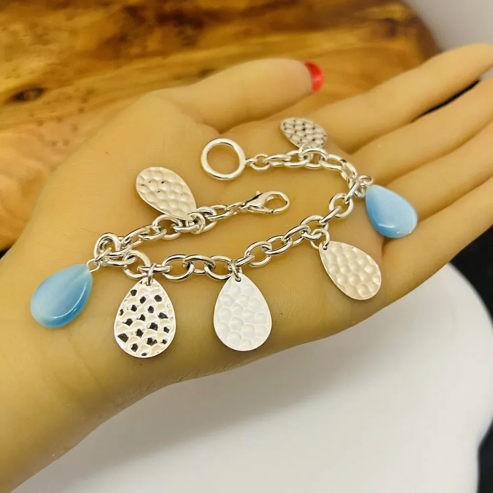 Blue Silver Tone Charm Dangle Drop Bracelet Spring Summer 7” 1477